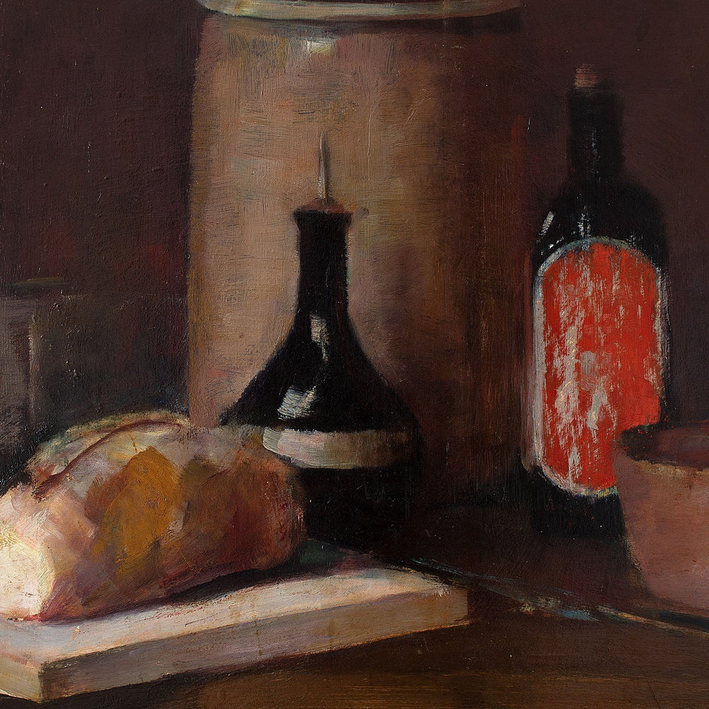 Herman Vedel, Still Life With Bread, Bottles, Bowls & Cloth